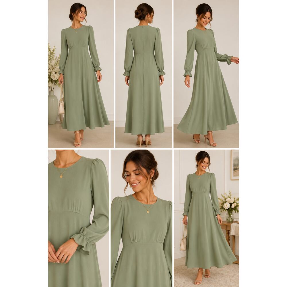Women's Sage Green Maxi Dress Long Sleeve Puff Sleeve Empire Waist Size S